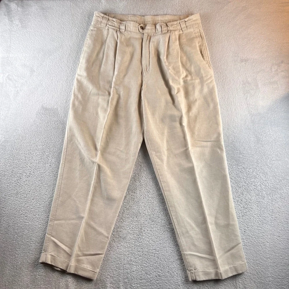 Vintage Dockers Mens Tan Linen Cotton Blend Pleated Loose Fit Cuffed Pants 36x30